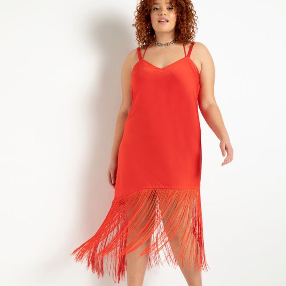 Eloquii Asymmetric Satin Fringe Slip Dress